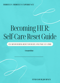A book or guide cover titled 'Becoming HER: Self-Care Reset Guide' on a bright aqua background with white decorative line drawings and black text. The top reads 'THIRTEEN THIRTEEN EXPERIENCE' and the bottom reads 'FIND YOUR JOURNEY.