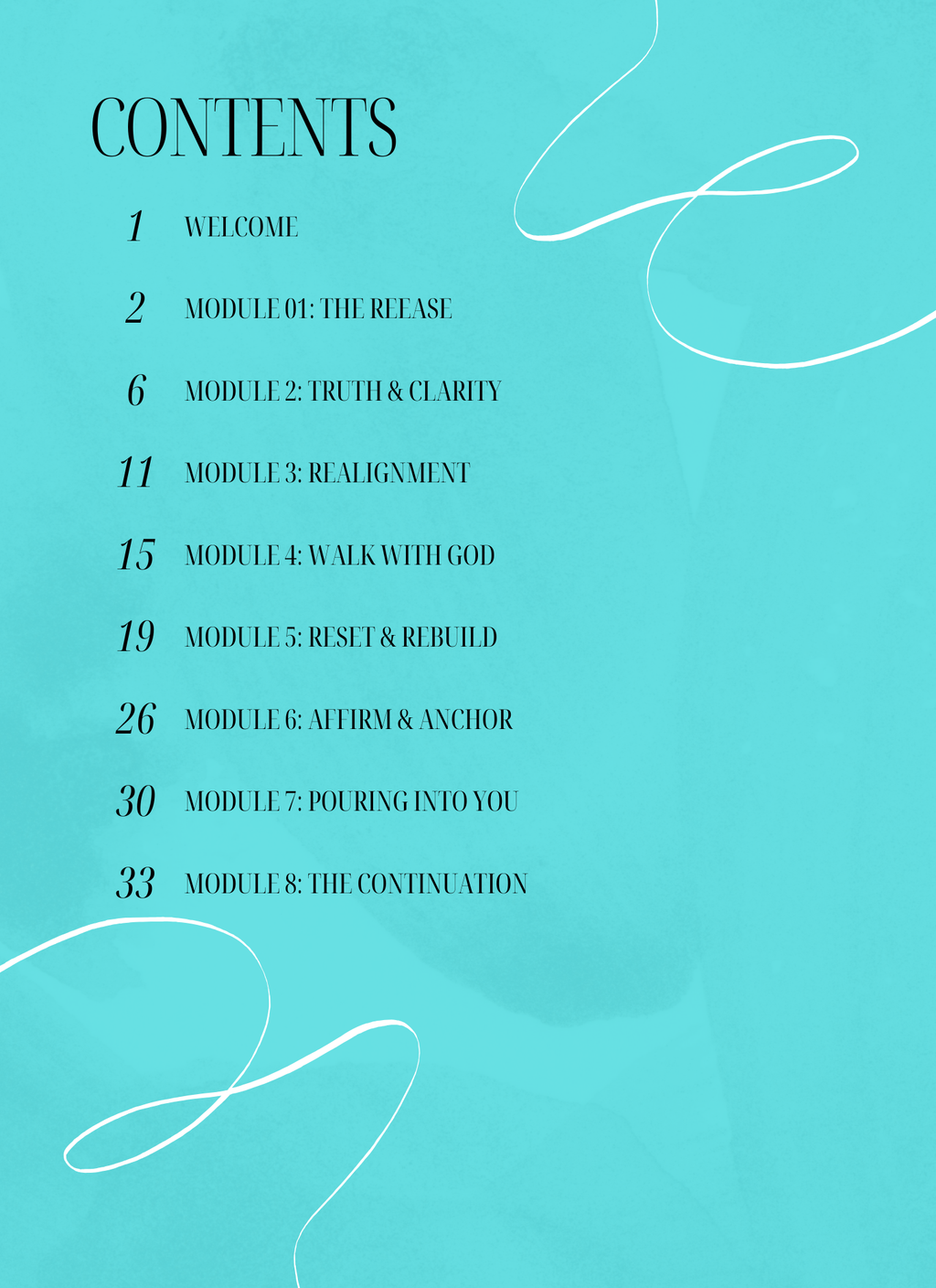A turquoise book or booklet cover showing a table of contents with chapter and module titles in black text, plus thin white decorative line drawings on a solid aqua background.