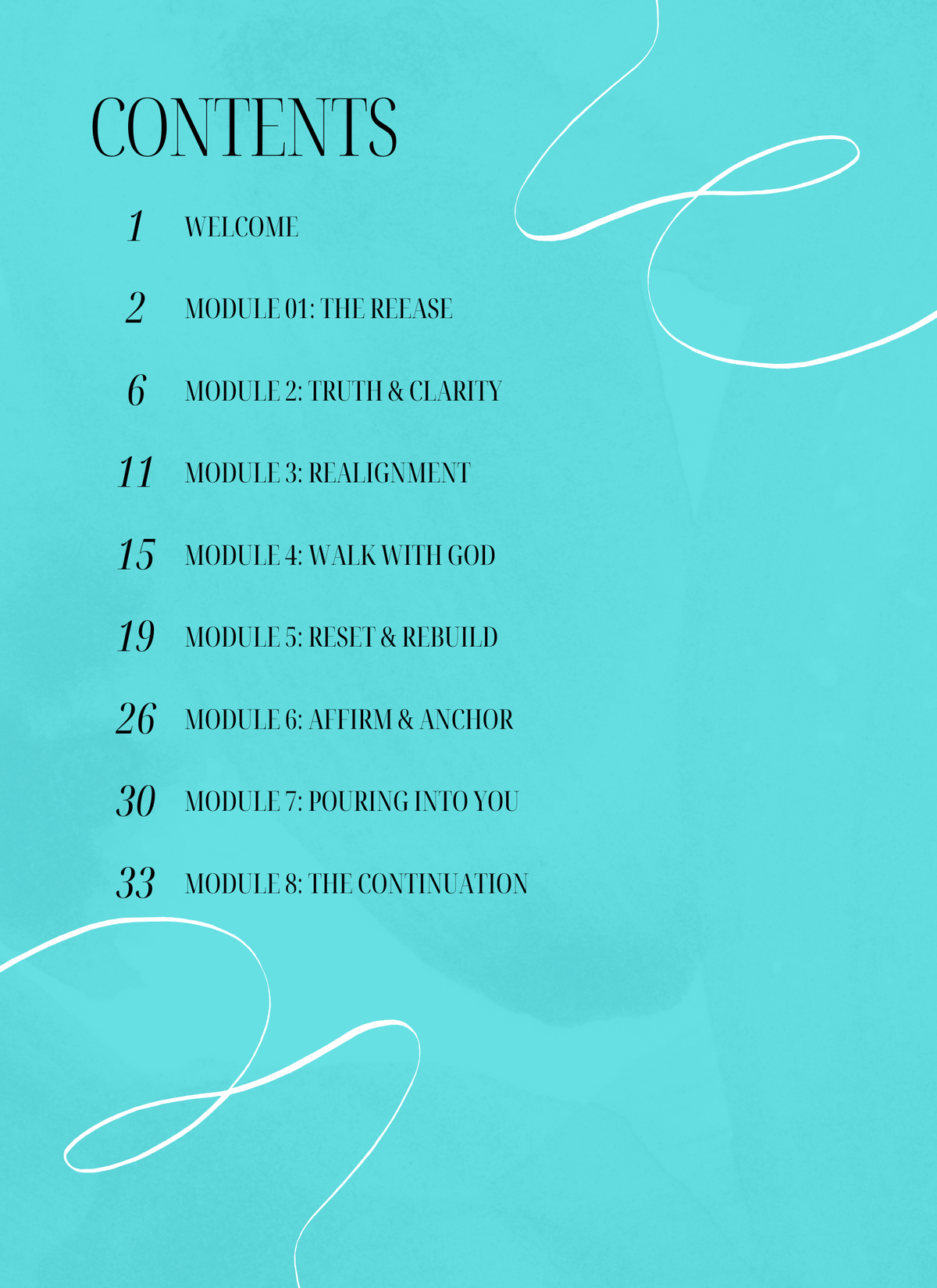 A turquoise book or booklet cover showing a table of contents with chapter and module titles in black text, plus thin white decorative line drawings on a solid aqua background.