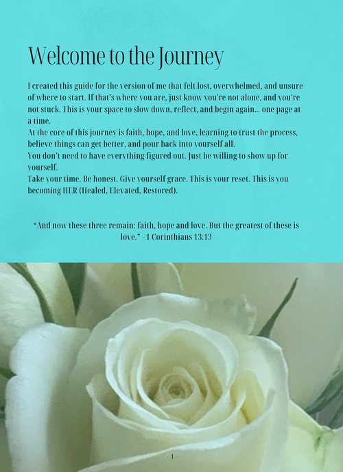 A digital page titled 'Welcome to the Journey' with a turquoise background and black serif text, overlaid on a photograph of white roses at the bottom.