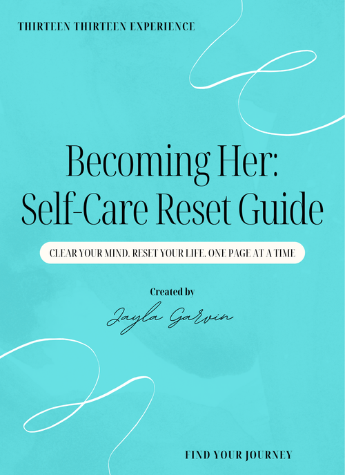 Book cover for 'Becoming Her: Self-Care Reset Guide' by Jayla Garvin, featuring a bright turquoise background with black serif text and white decorative line art.
